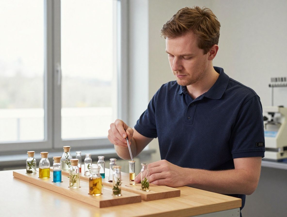 Botanisches Forschungslabor mit Kräuterproben in Glasgefässen auf Holzregalen, natürliches Licht durch hohe Fenster, minimalistische wissenschaftliche Ausstattung in Erdtönen