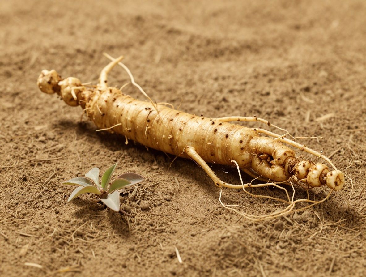 Nahaufnahme von Ginsengwurzel und Rhodiola-Pflanzen auf einem strukturierten Naturstoff-Untergrund – warme braune Töne, handgepflückt wirkende Anordnung mit natürlicher Beleuchtung