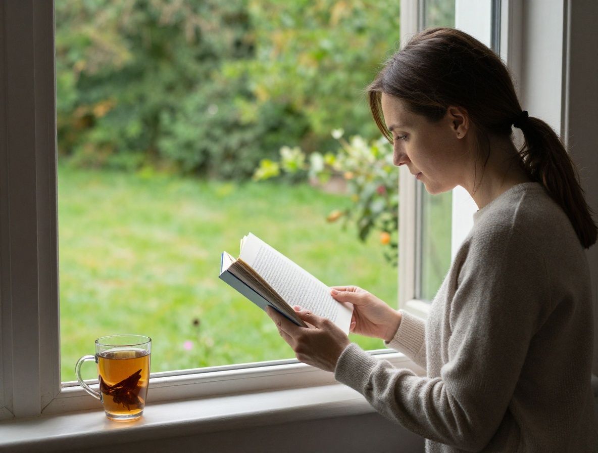 Ruhige Morgenszene – eine Person liest ein Buch am Fenster mit Blick auf einen grünen Garten, Tasse Kräutertee auf dem Fensterbrett, weiches Morgenlicht, entspannte Atmosphäre