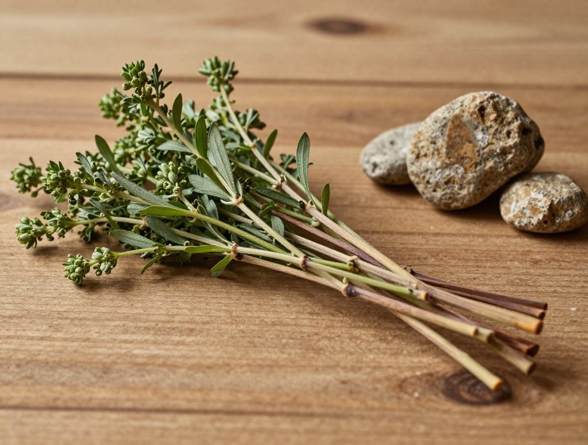 Atmosphärische Naturszene mit botanischen Elementen – frische Kräuterzweige, natürliche Steine und weiches Morgenlicht auf einer Holzoberfläche, warme erdige Töne